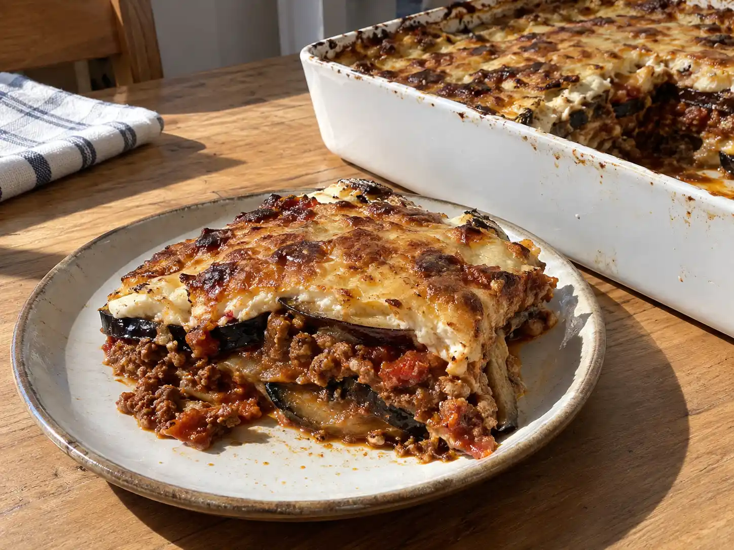 auberginegratäng med köttfärs i ugnsform med gyllene osttäcke, mjuk aubergine och synlig tomatig färssås