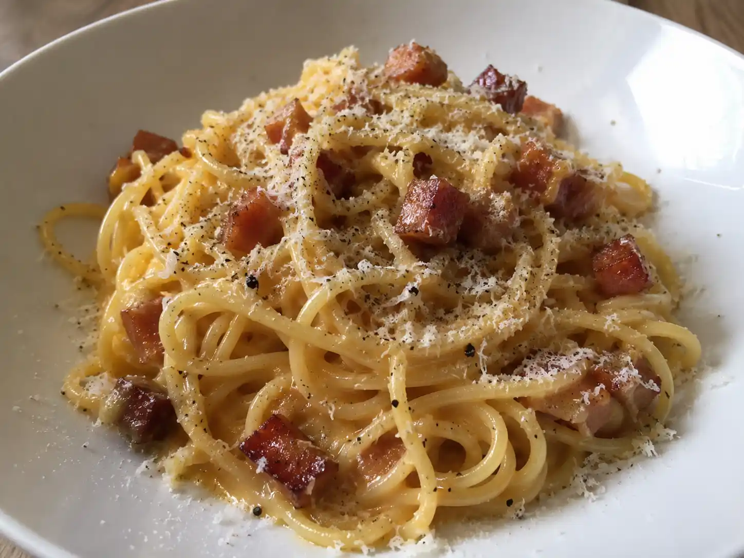 carbonara recept på tallrik med blank spaghetti, knaprig pancetta, pecorino och svartpeppar i varmt sidoljus