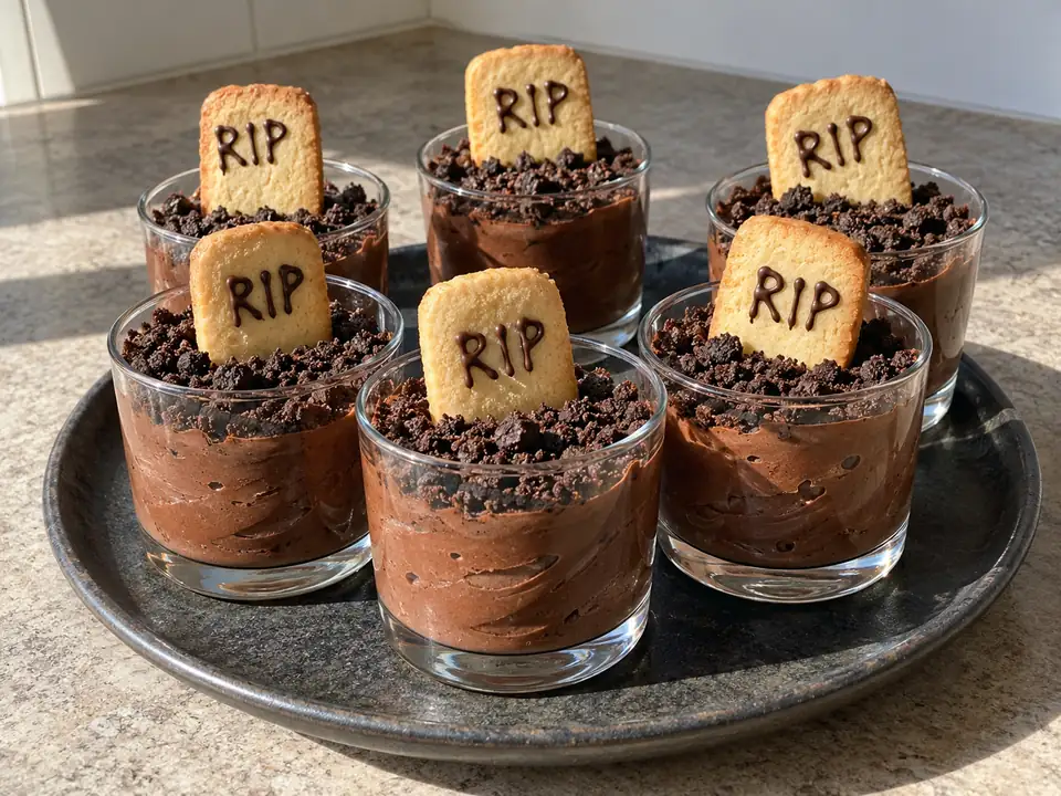 halloween dessert i sex glas med chokladmousse, mörk kakjord och kex formade som små gravstenar