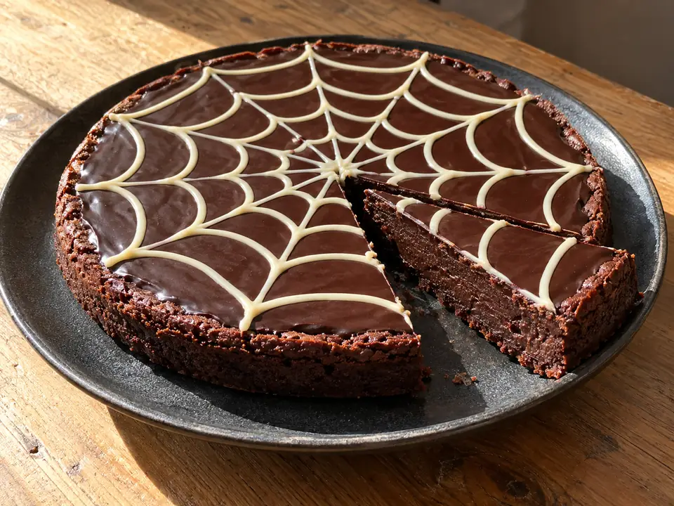 halloween kladdkaka med mörk chokladglasyr och ett tunt vitt chokladspindelnät, en bit visar den sega mitten