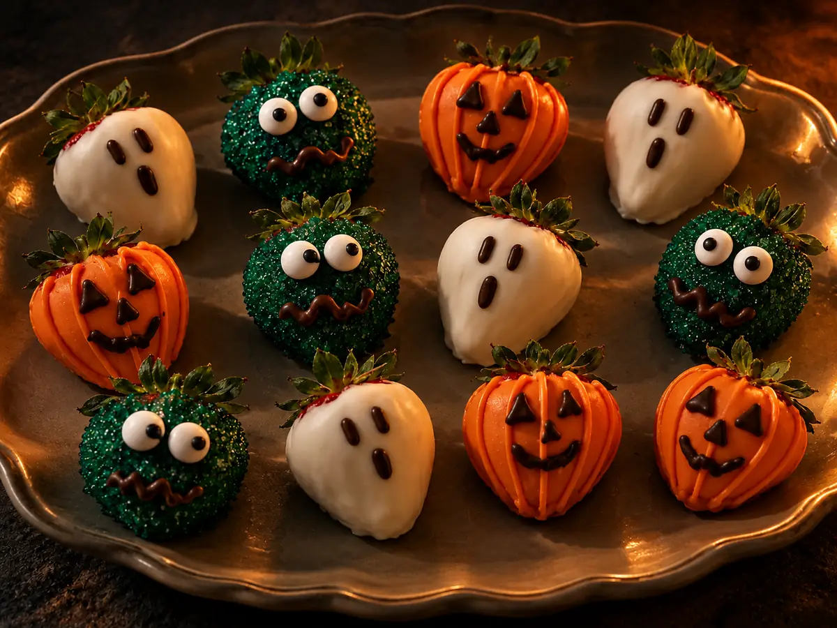 Halloweenjordgubbar som gröna monster, vita spöken och orange pumpor på ett mörkt fat i varmt ljus