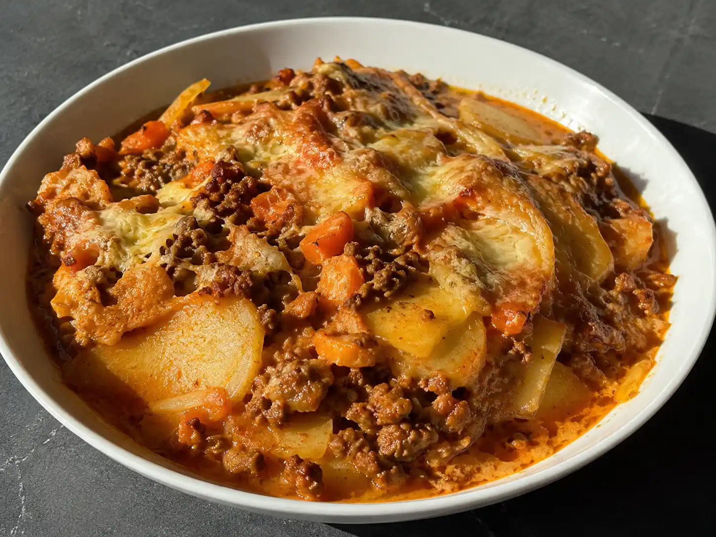 köttfärs i ugn allt i ett med potatis, morot, tomatsås och gyllene ost i en enkel ugnsform