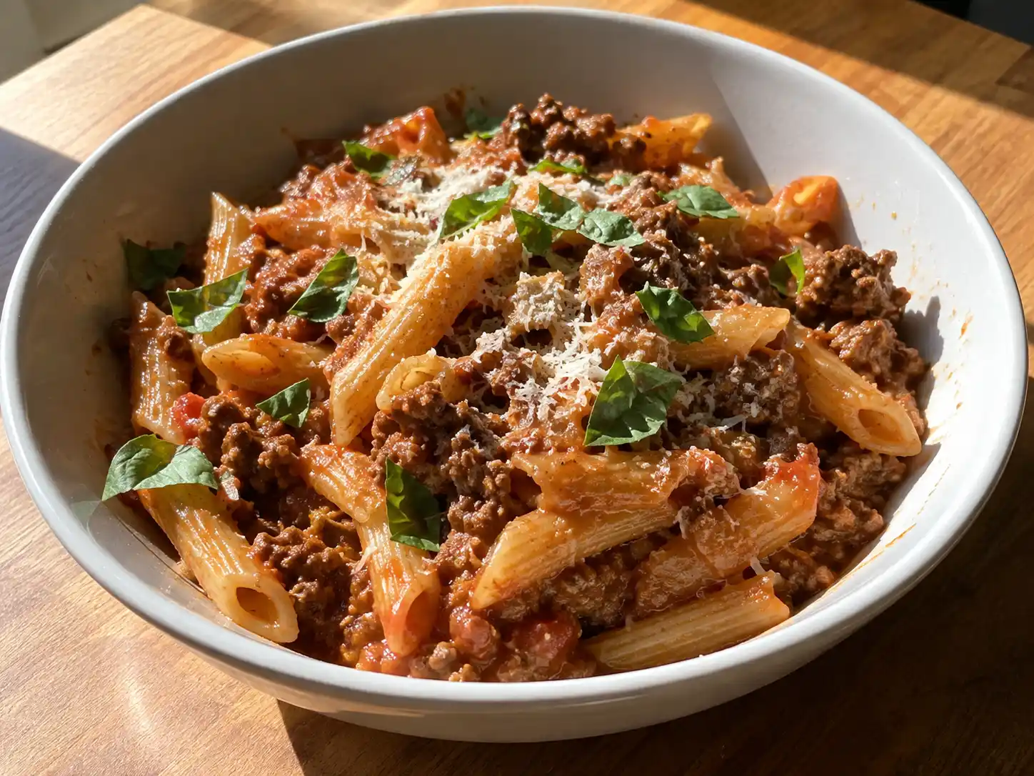 one pot pasta köttfärs med penne, tomatsås, brynt färs och parmesan i en enkel djup tallrik