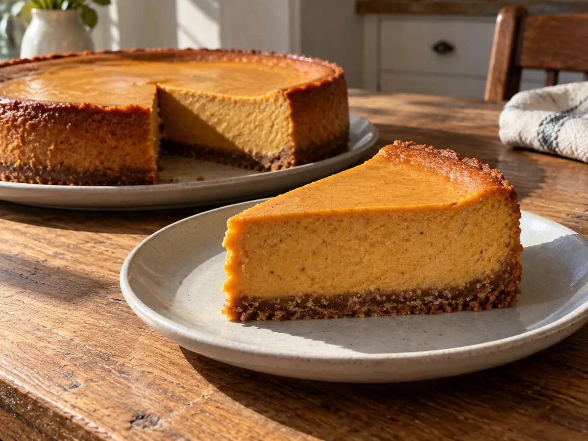 En skuren bit gyllene pumpacheesecake med slät färskostfyllning och brun kexbotten på ett ljust fat