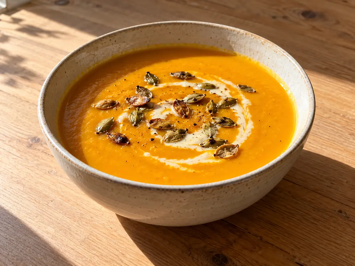 Len orange pumpasoppa i en ljus skål med en ring grädde och rostade pumpakärnor på ytan